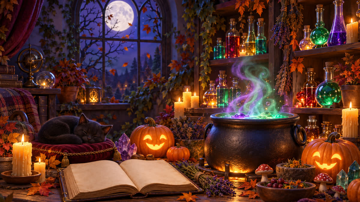 A cozy alchemist's workshop at night: a bubbling cauldron, glowing potion bottles, carved pumpkin lanterns and a sleeping black cat under a full moon