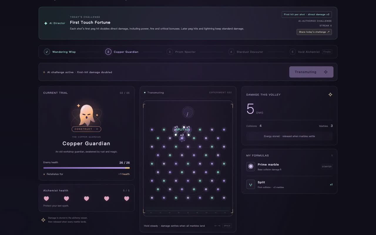 Marble Alchemy archived AI rule gameplay: a frame from the recorded game
