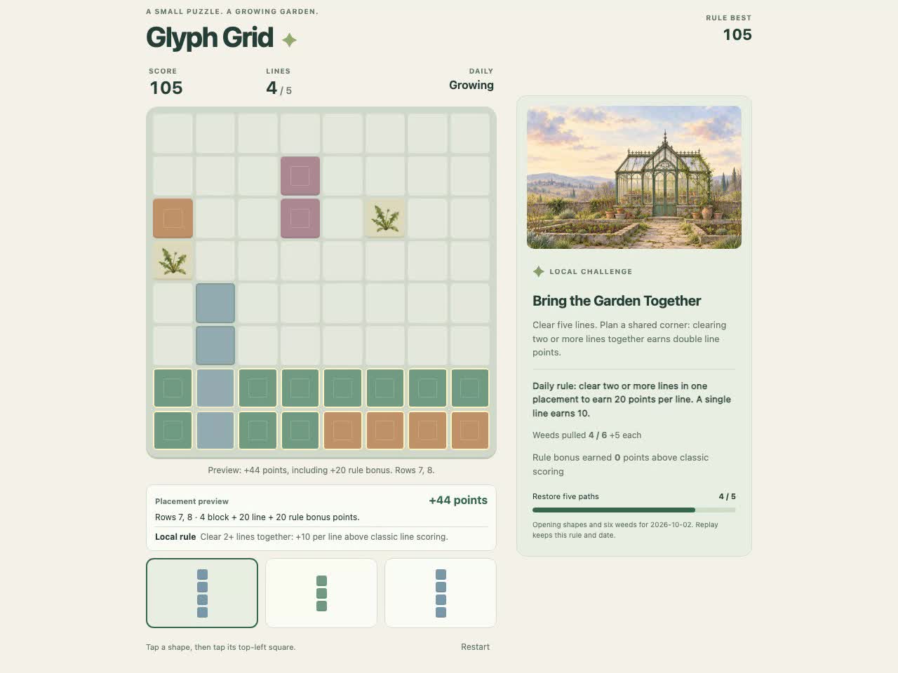 Glyph Grid: 8×8 Block Puzzle — Two-Row Clear Gameplay: a frame from the recorded game