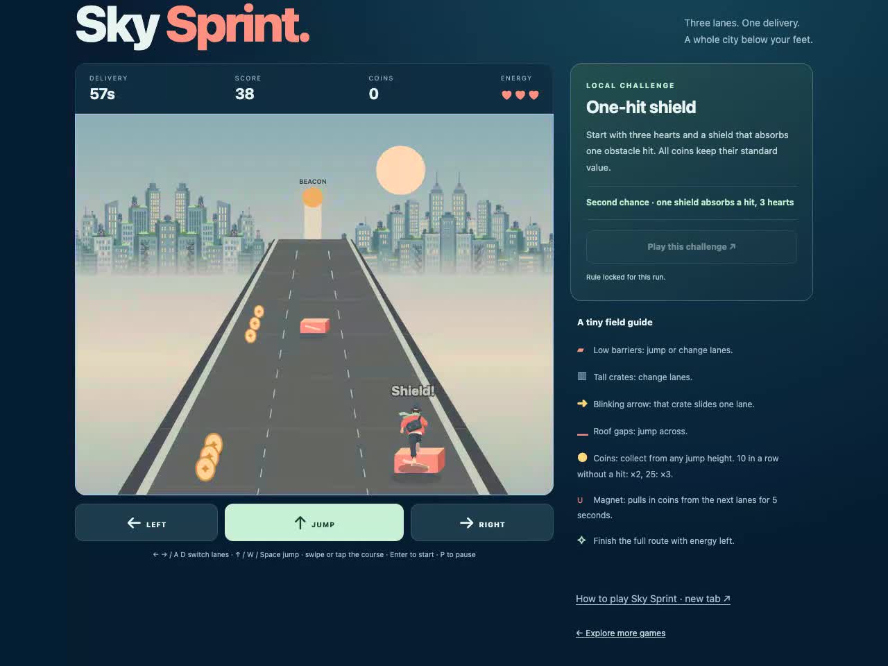 Sky Sprint one-hit shield gameplay: a frame from the recorded game
